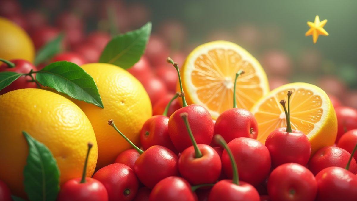 Colorful fruits like cherries and lemons with a glowing star spinning in the background.