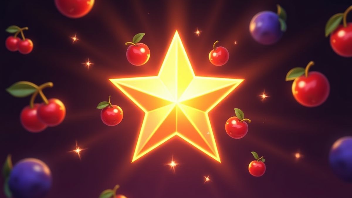 A bright star surrounded by fruit symbols like cherries and plums, with dynamic spinning effects.