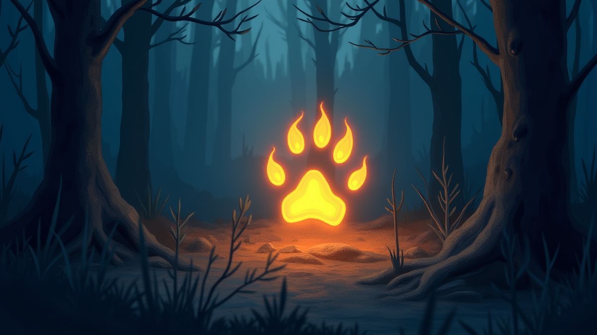 Wolf paw prints glowing in a mystical forest.