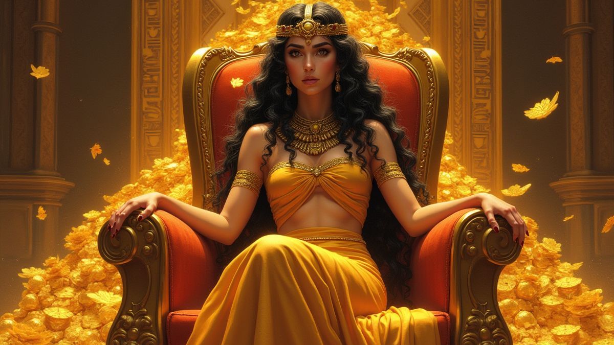 Cleópatra em um trono dourado rodeada de tesouros.