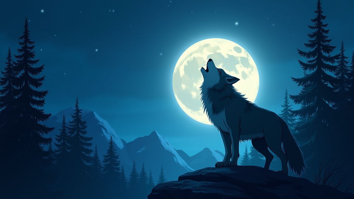 Wolf, der unter dem Mond in einem nordamerikanischen Wald heult.