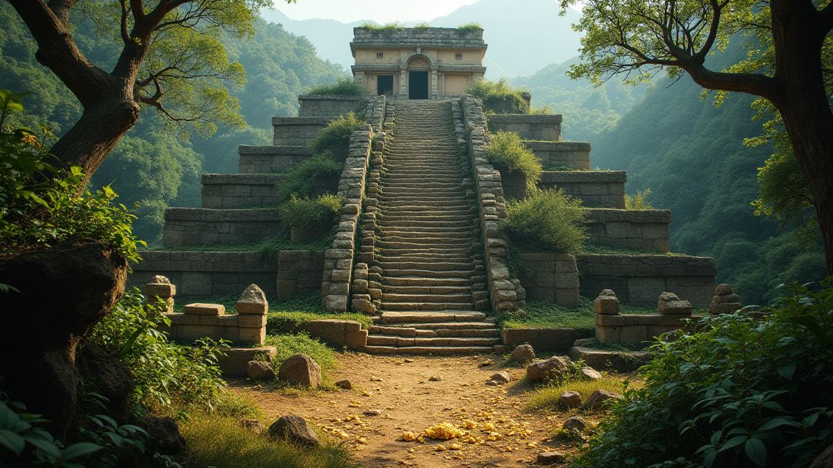 Um templo inca rodeado de jungla com tesouros dourados.