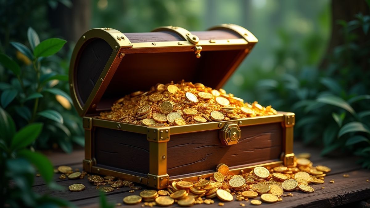 Um cofre do tesouro cheio de moedas de ouro e joias na selva.