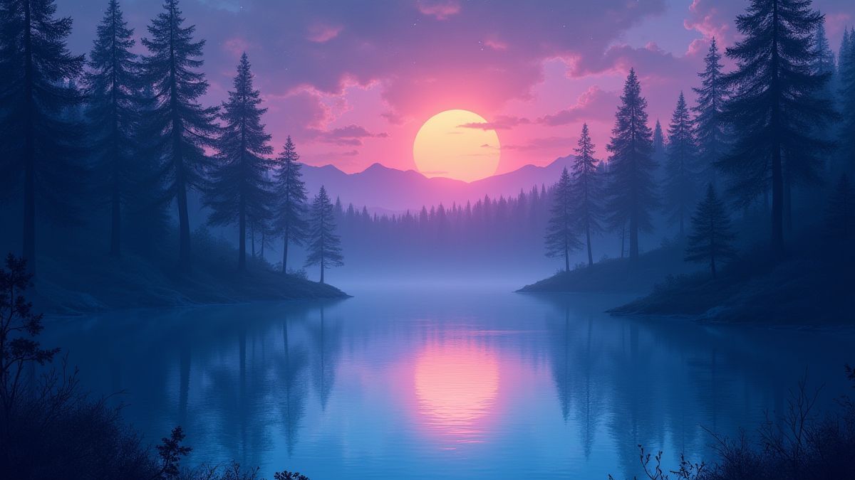 Un lago resplandeciente rodeado de un bosque místico al atardecer.