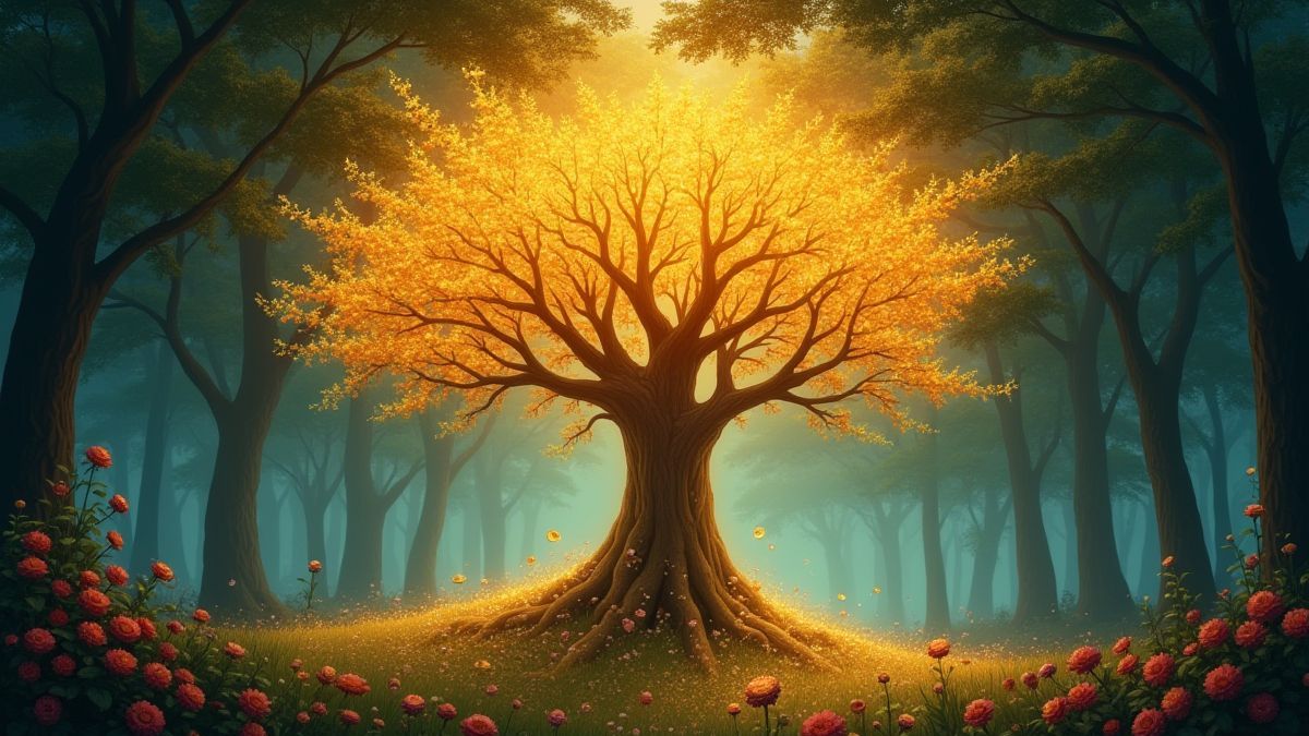 Un árbol mágico dorado floreciendo en un bosque encantado.