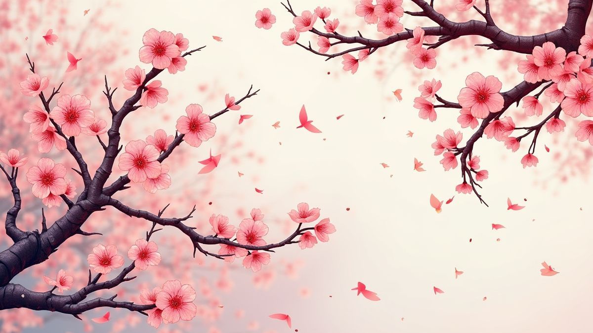 Ilustración de flores de cerezo y espadas samuráis.