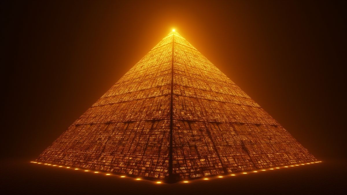 Hieroglyphs glowing on a pyramid wall.
