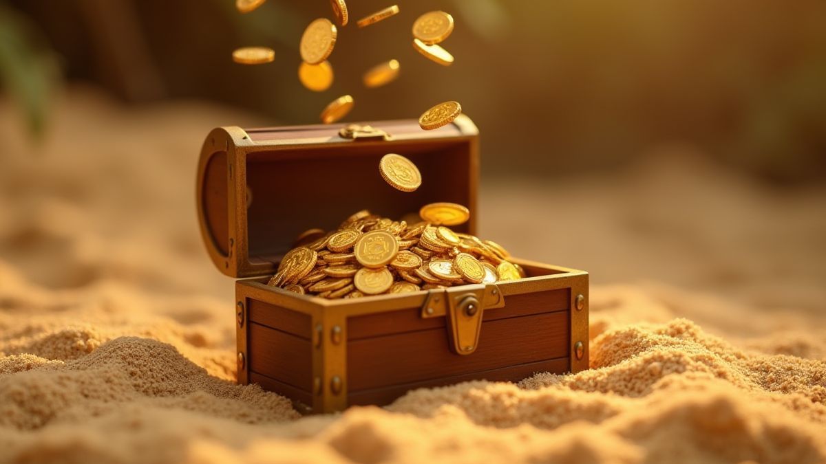Golden coins falling into a treasure chest.