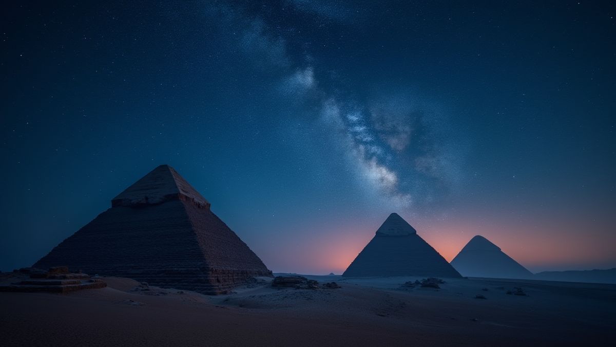 A mystical desert night with stars shining above pyramids.