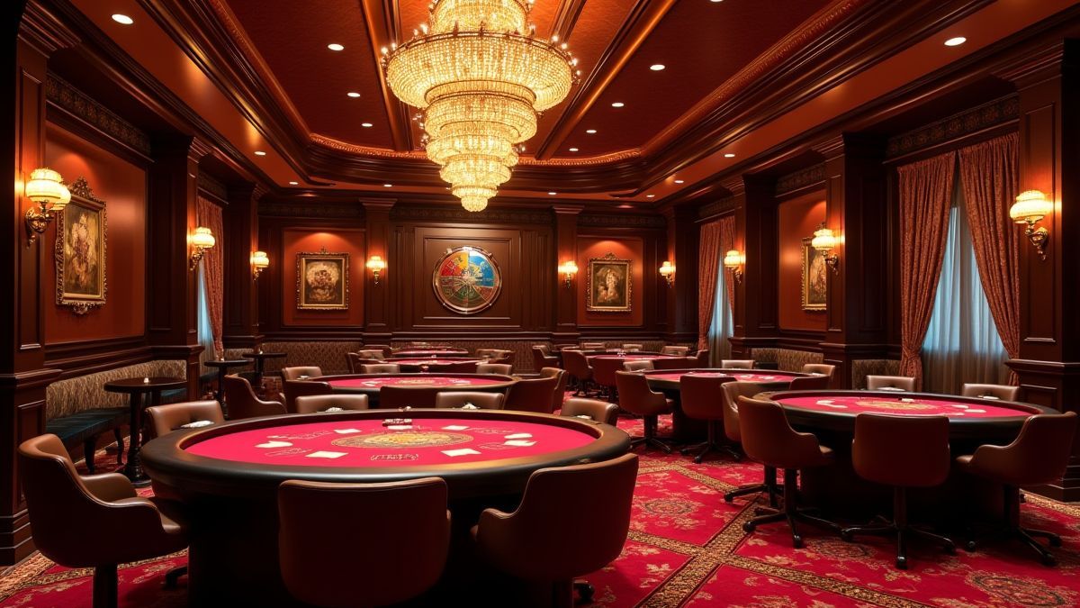 Interior de um cassino com mesas de pôker e candelabros brilhantes