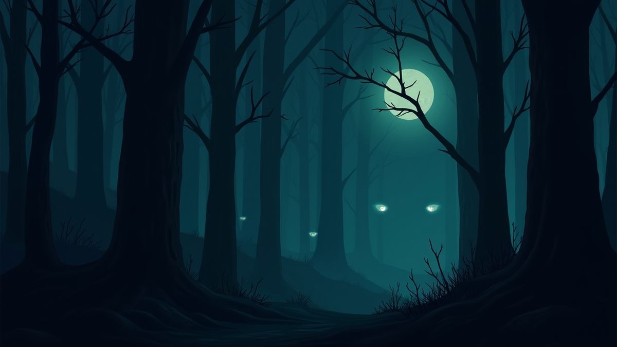Un forêt hantée avec des yeux brillants entre les arbres.