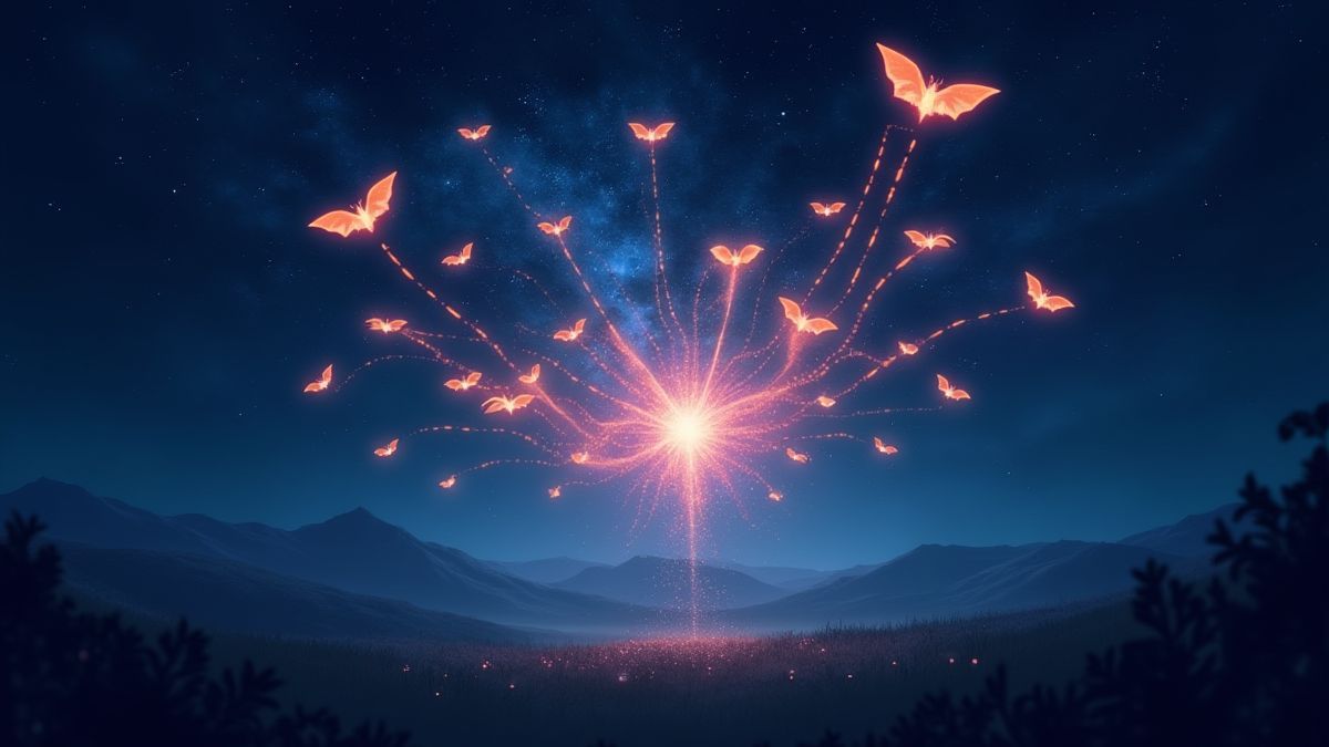 Explosion magique de symboles brillants dans le ciel nocturne.