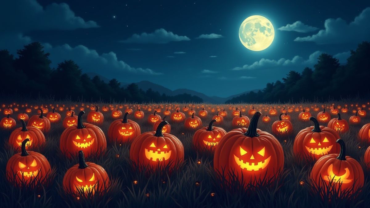 Un champ de citrouilles brillantes sous la lumière de la lune.