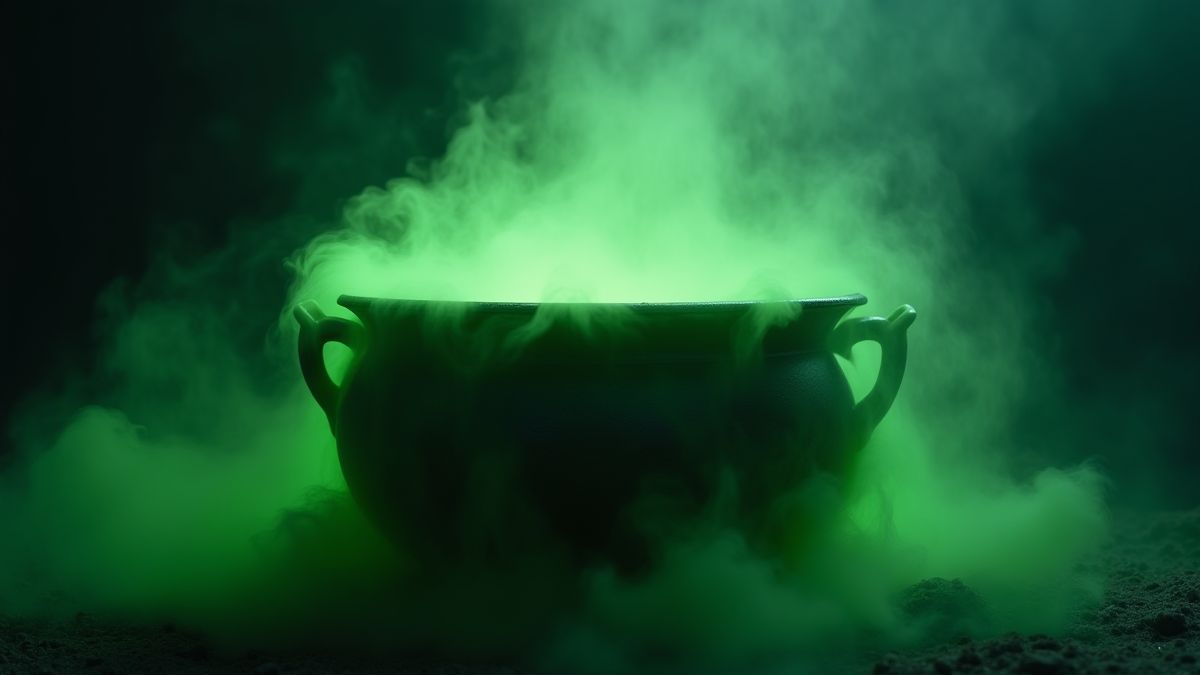 Sprudelnder Hexenkessel umgeben von grünem Nebel.