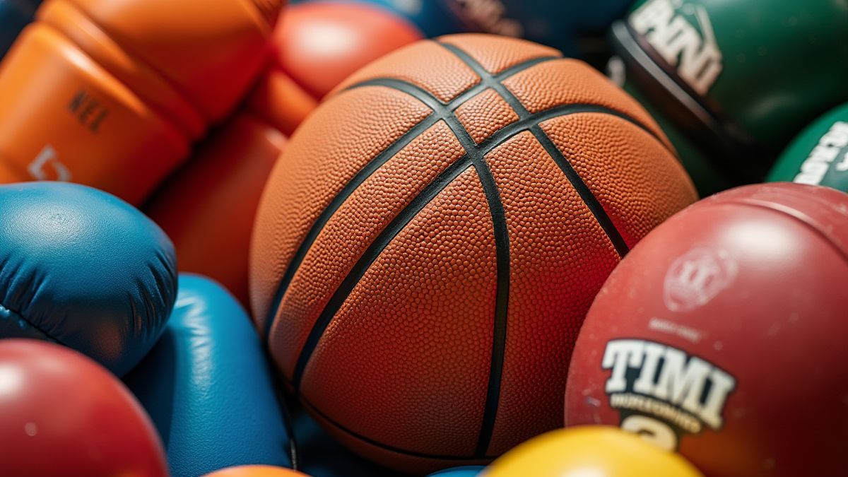 Equipo deportivo colorido como balones de baloncesto y cascos de fútbol.