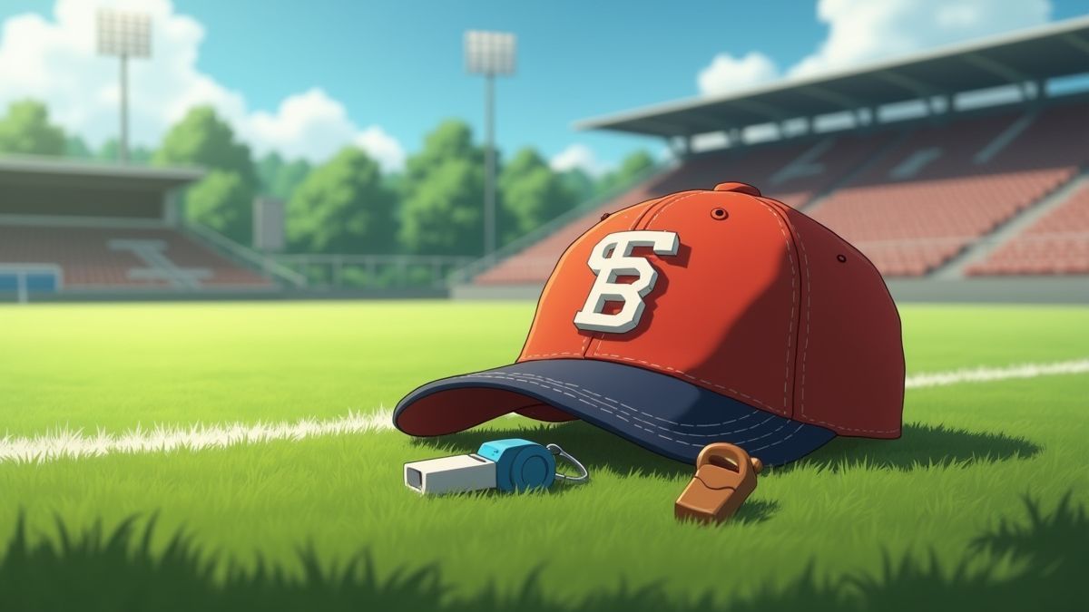 Gorro de béisbol y silbato sobre un campo deportivo.