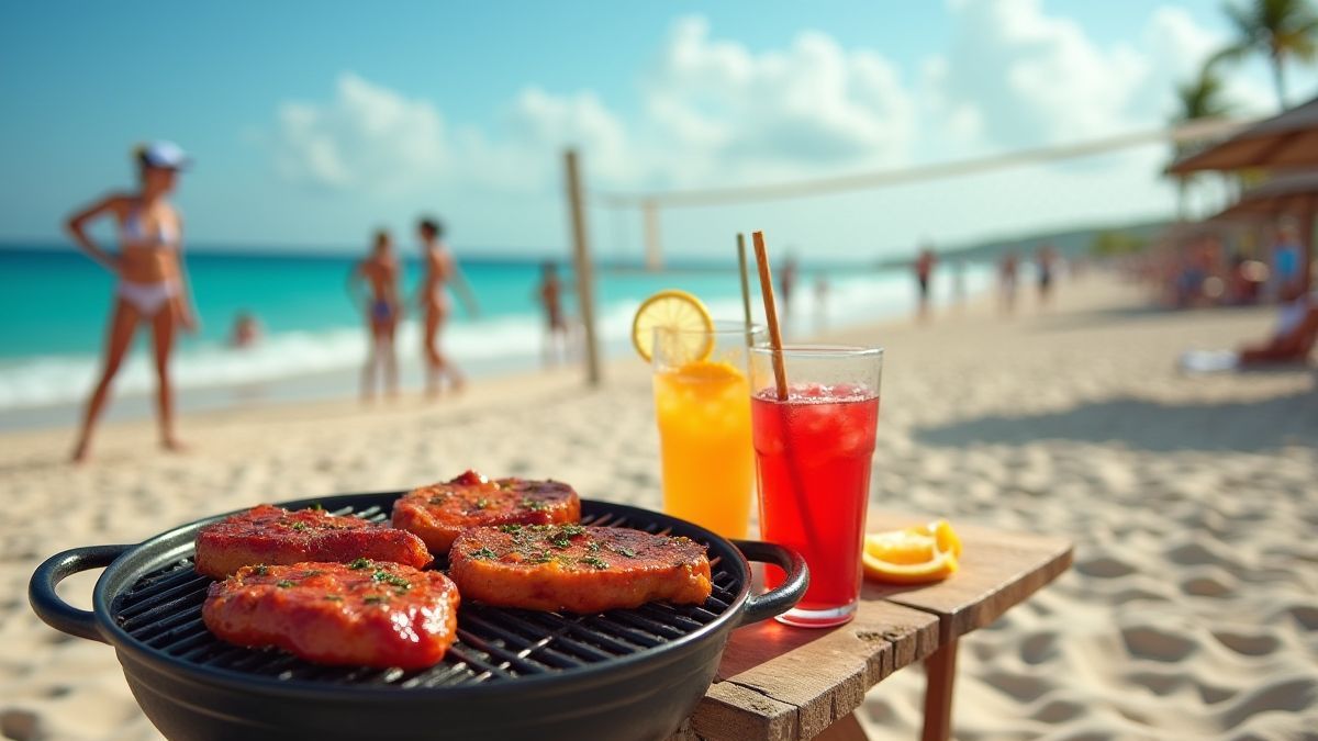 Escena de playa con barbacoa, bebidas frías y voleibol.