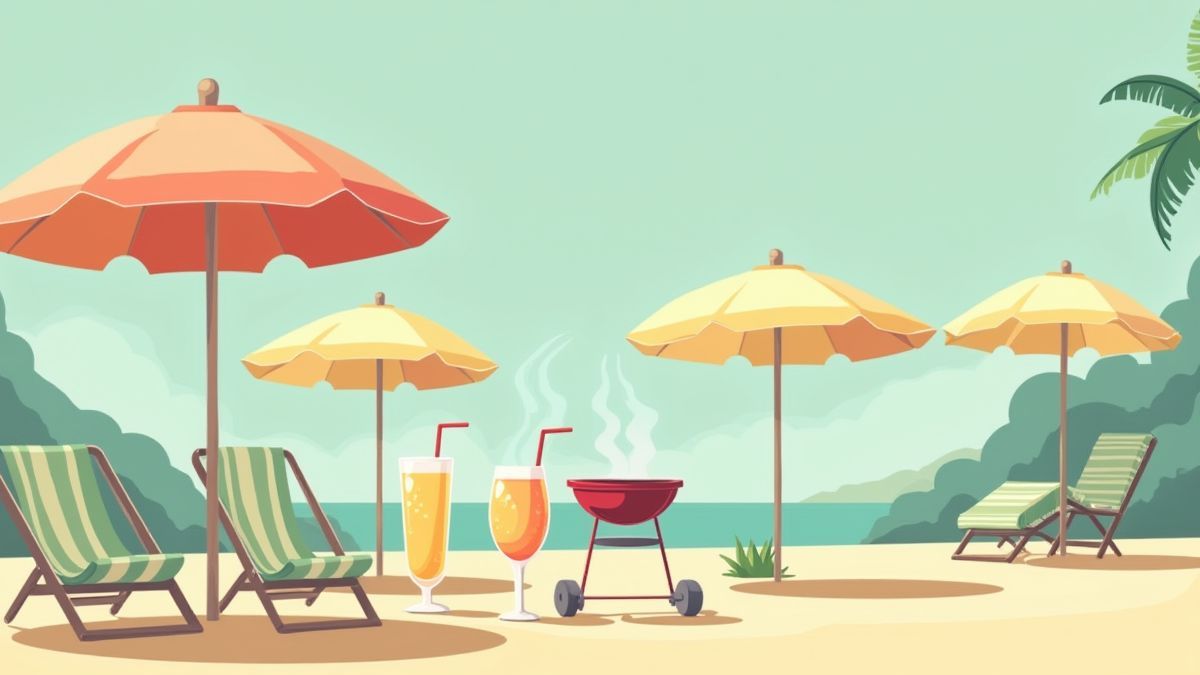 Ilustración retro con sombrillas, bebidas frías y una parrilla de barbacoa.
