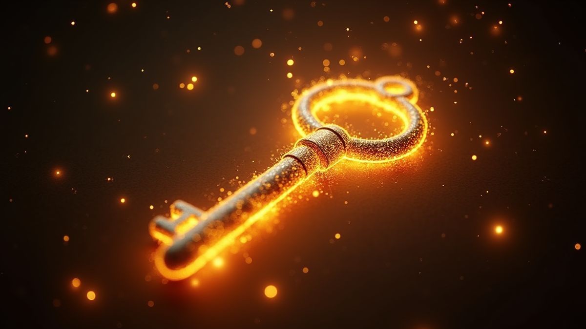Ein leuchtender goldener Schlüssel umgeben von Funken.