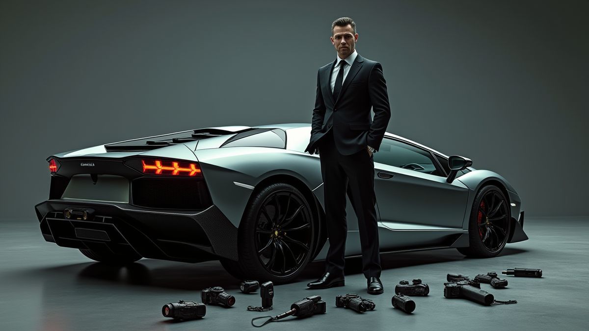 Um agente secreto junto a um carro de luxo e gadgets de espionagem.