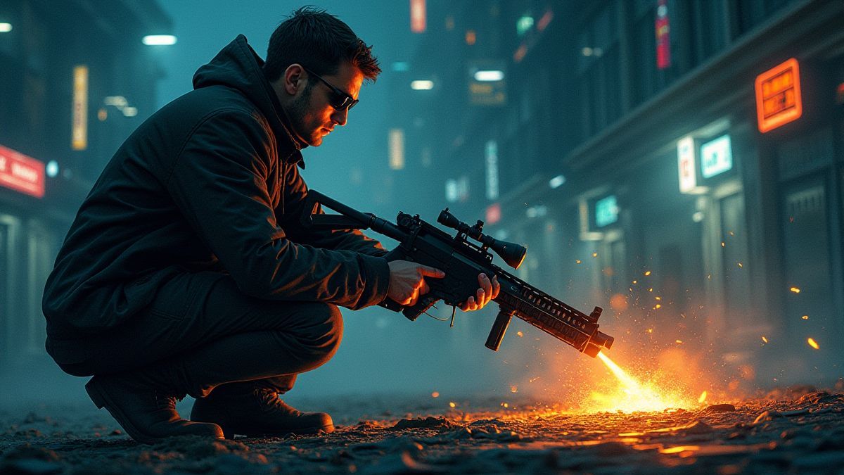 Um espião desativando uma bomba em um ambiente futurista.