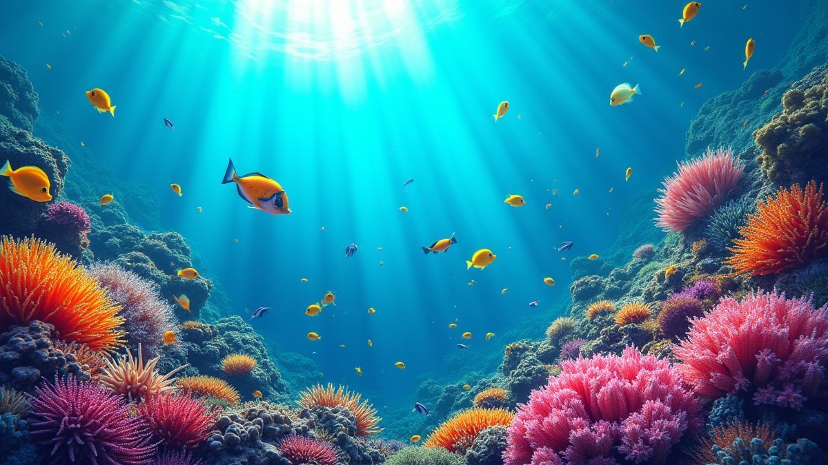 Arrecifes de coral coloridos con peces exóticos nadando.