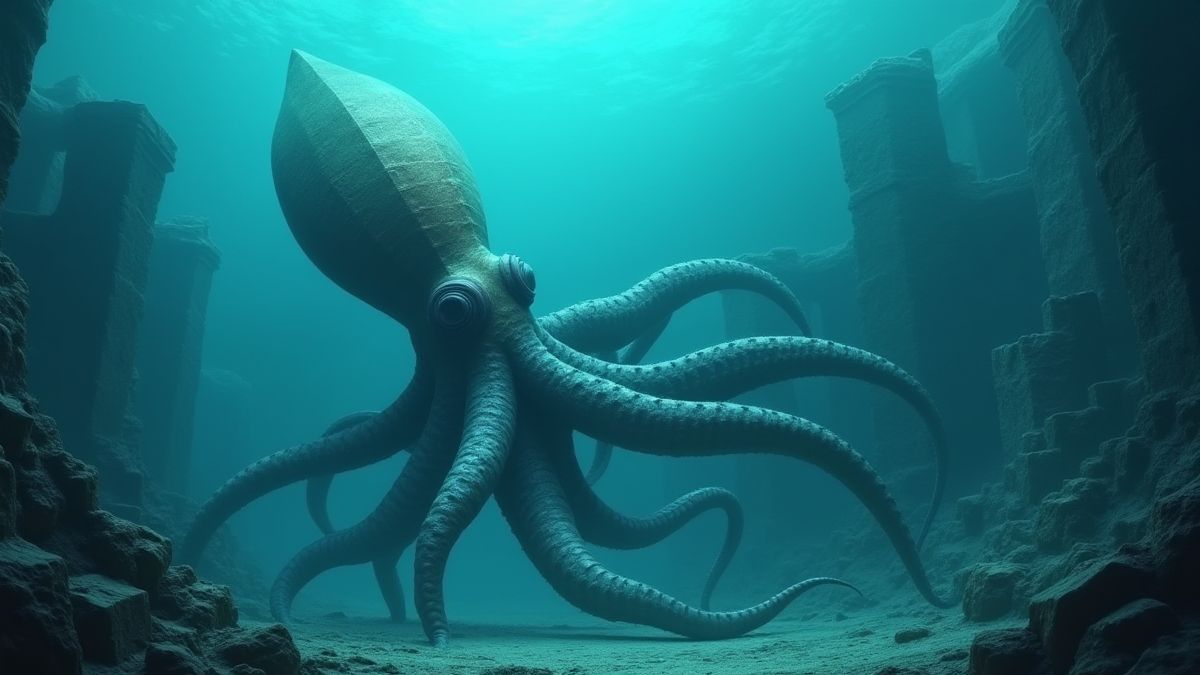 Un calamar gigante nadando entre ruinas submarinas.