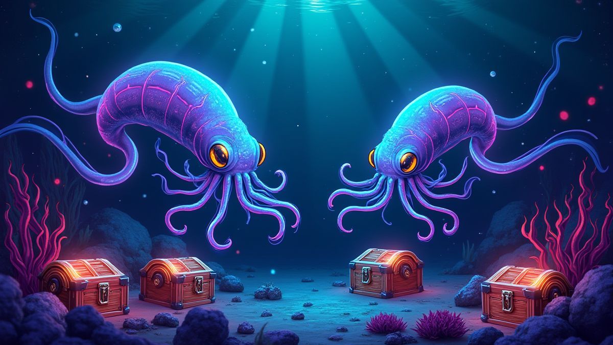 Calamares futuristas nadando alrededor de cofres del tesoro bajo el agua.
