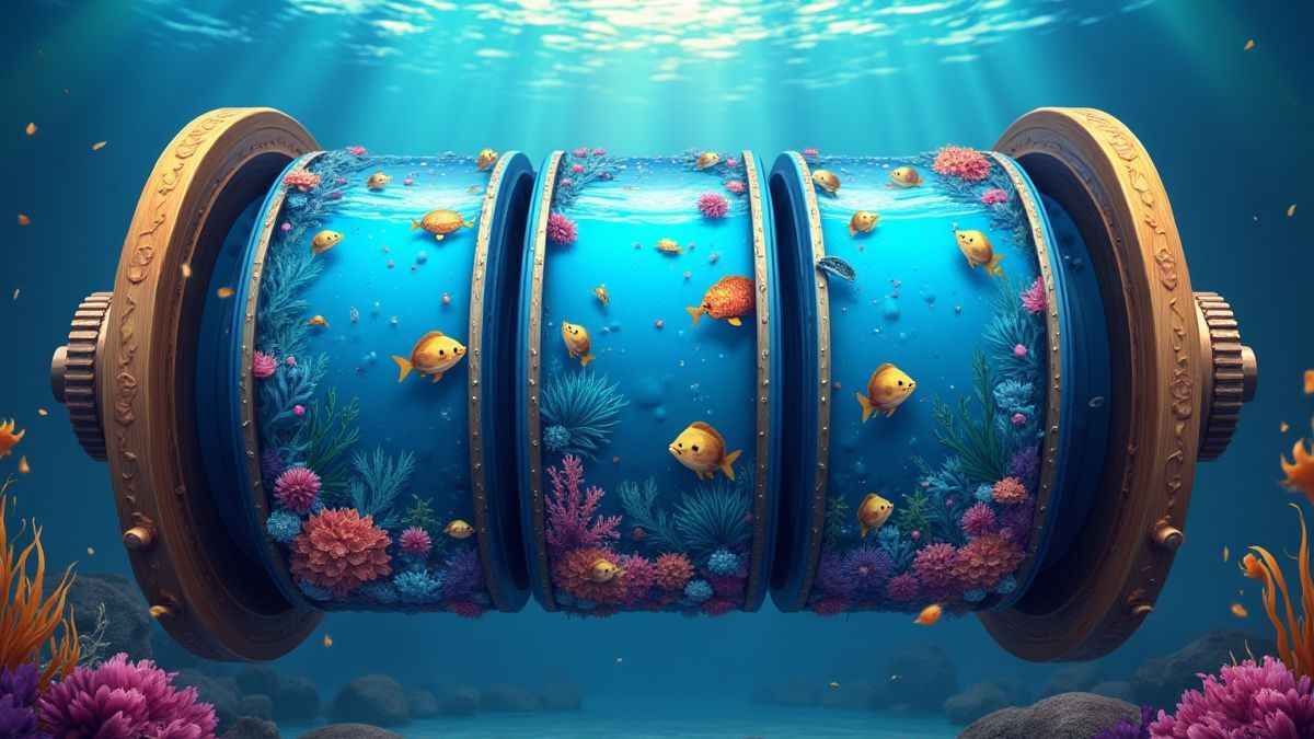 Carrete gigante con símbolos de gran tamaño y temática submarina vibrante.