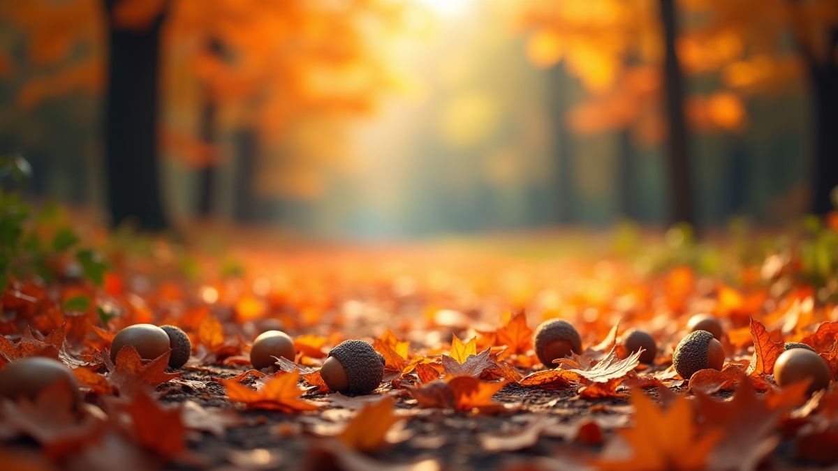 Ein lebendiger Herbstwald mit bunten Blättern und verstreuten Eicheln auf dem Boden.