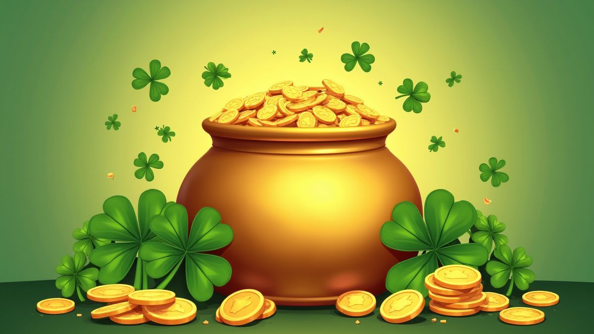 A golden pot surrounded by clovers and coins