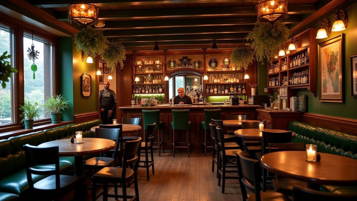 Cozy interior of an Irish pub with green decoration