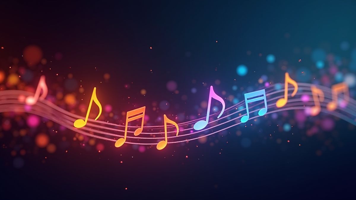 Notas musicales flotantes con efectos de luz brillantes.