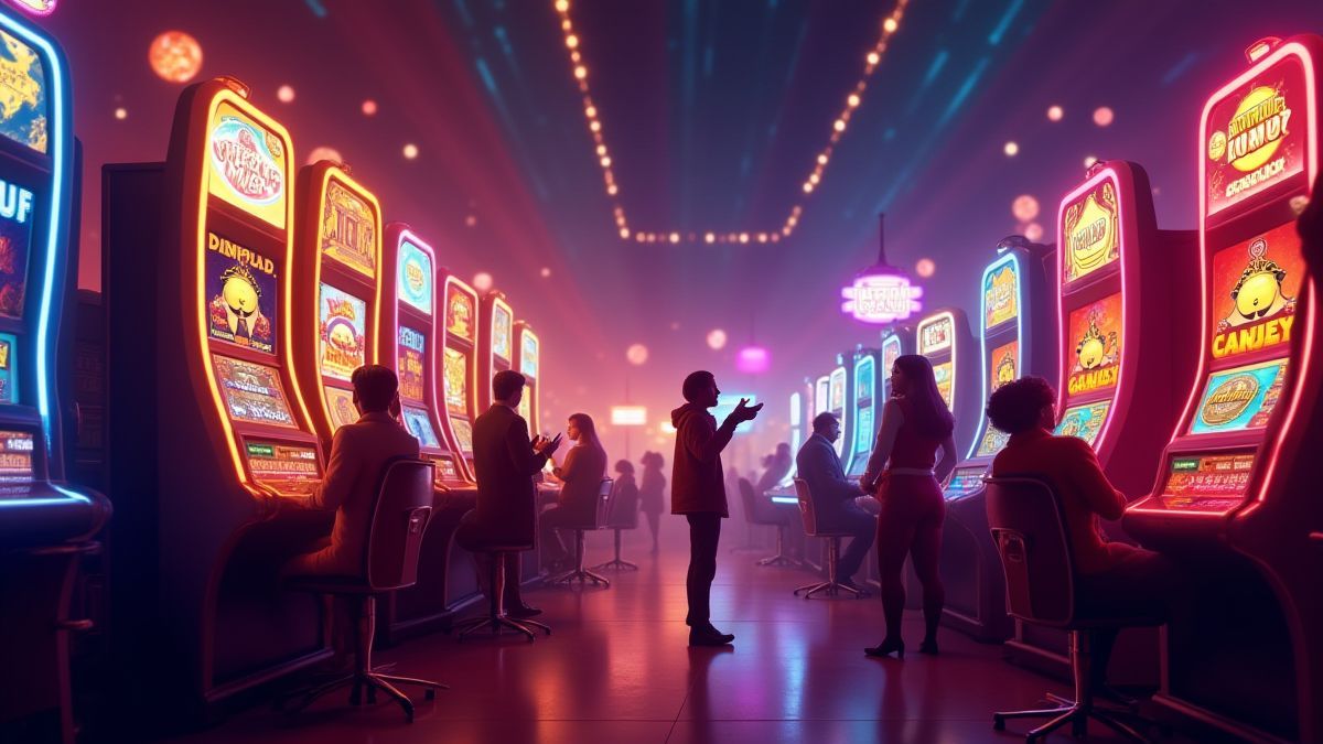 Entorno de casino animado con máquinas tragamonedas brillantes y jugadores felices.