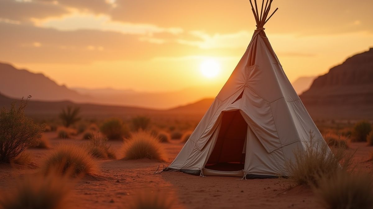 Un tipi en el desierto con el sol poniéndose de fondo.