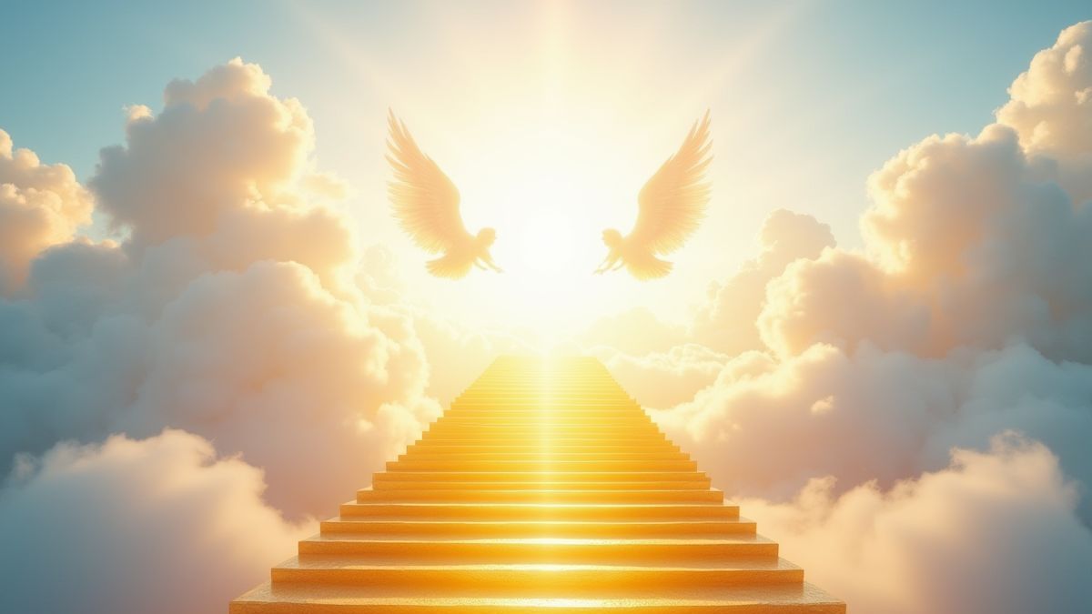 Escalera de oro que lleva al cielo brillante.