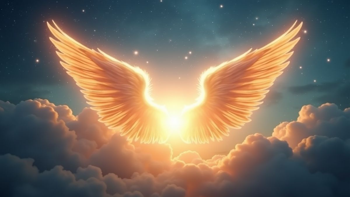 Alas de ángel brillando rodeadas de nubes y estrellas.