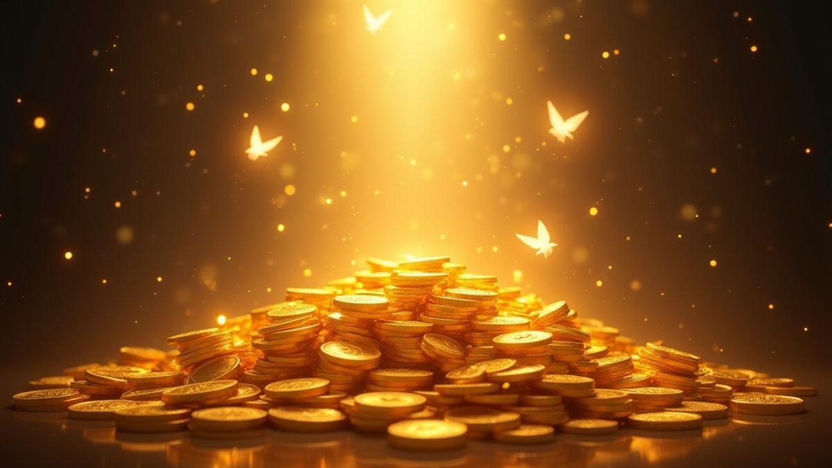 Montón de monedas doradas bajo luz celestial.