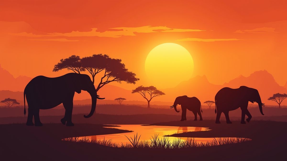 Pôr do sol africano com elefantes perto de um lago.