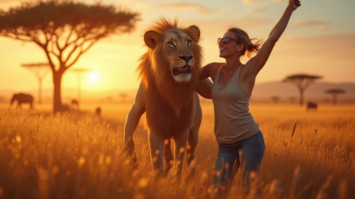 Jogador celebrando uma grande vitória na savana africana.
