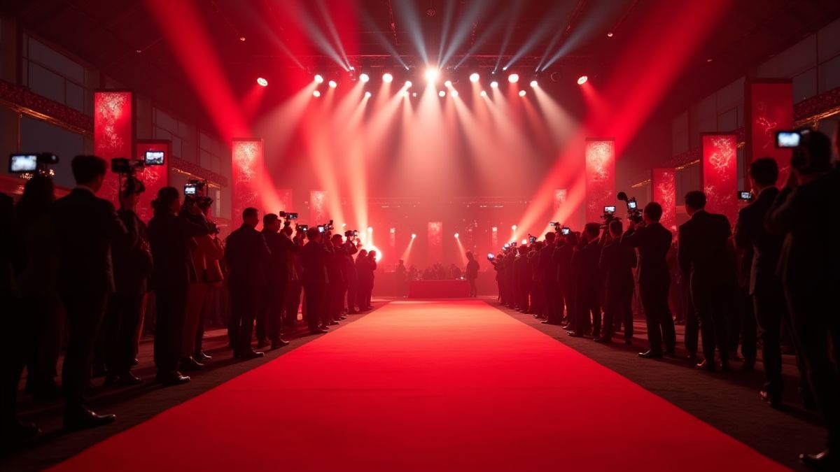 Événement avec tapis rouge et lumières glamour.