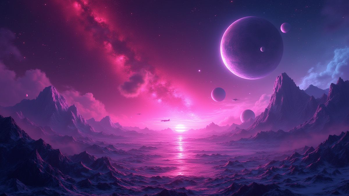 Eine futuristische Galaxie mit Weltraumelementen und Neonlichtern.