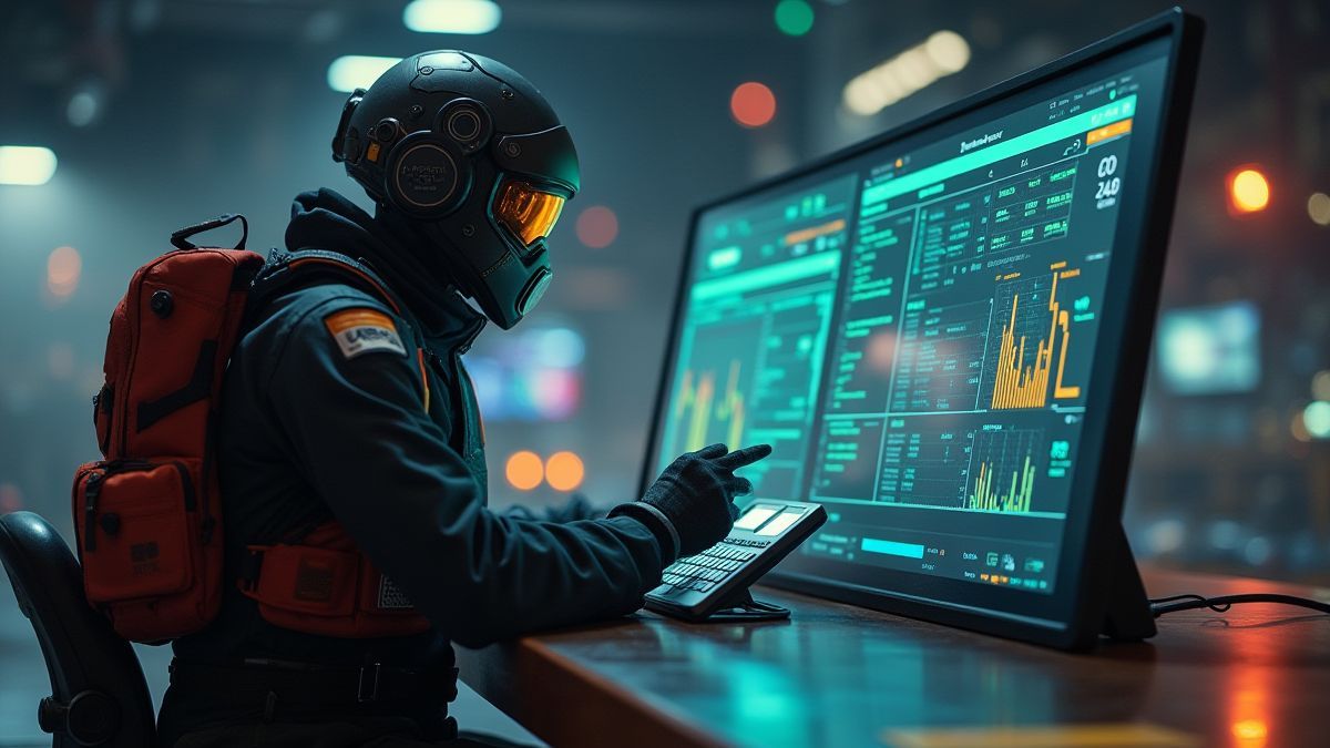 Ein futuristischer Kopfgeldjäger, der Gewinne im Weltraum berechnet.