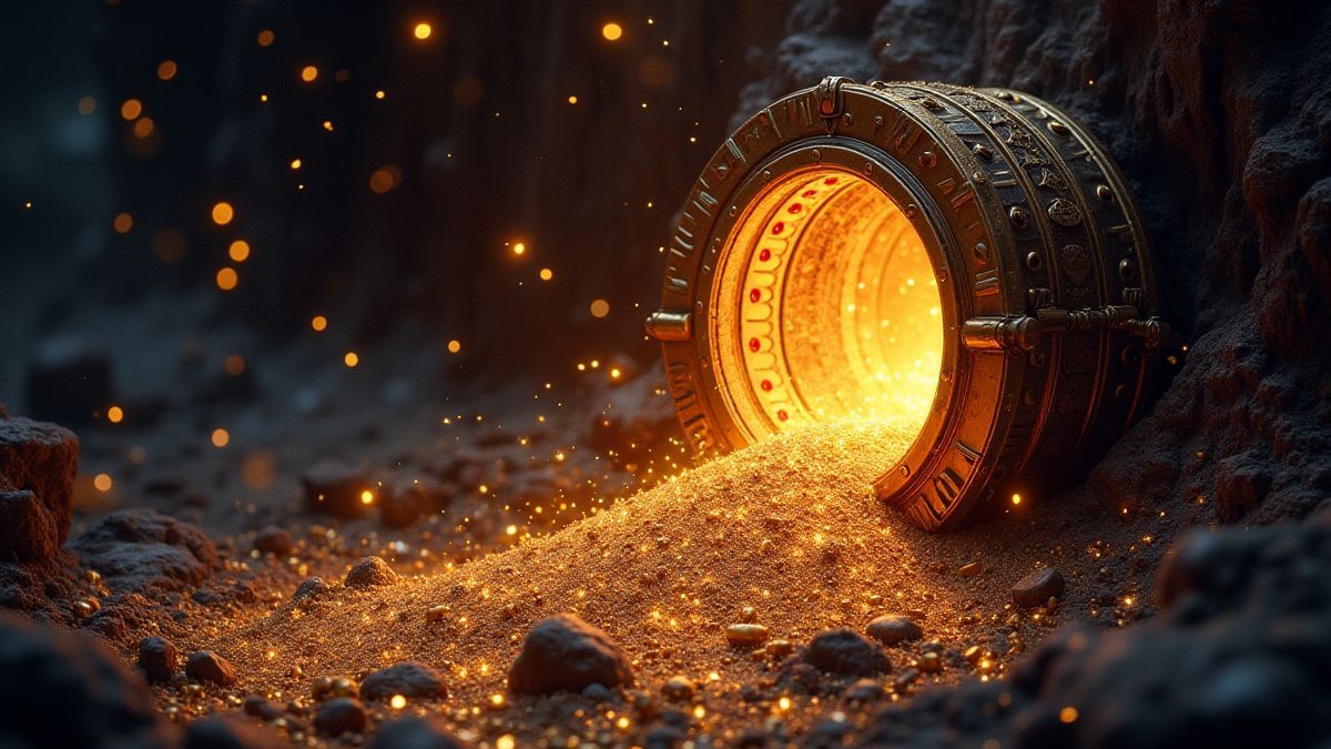 Een stralend sterrenstelsel met kosmisch stof en een kist vol goud en juwelen.