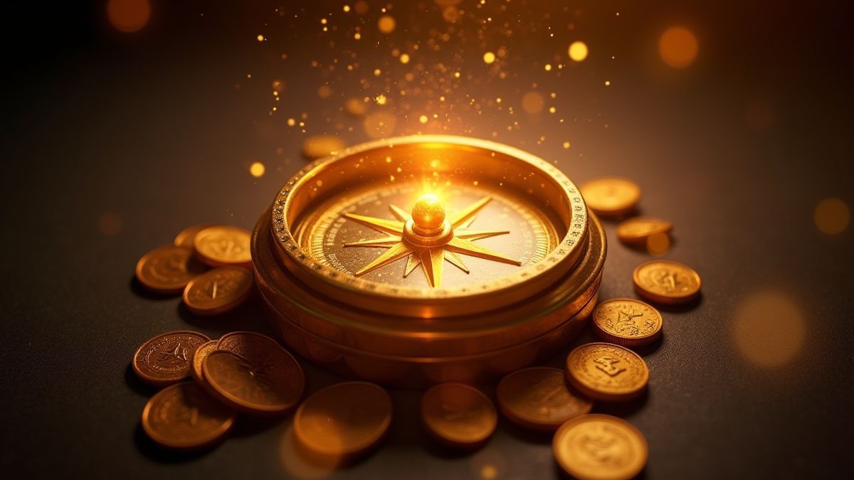 Een gouden kompas omringd door zwevende munten en kosmische energie.