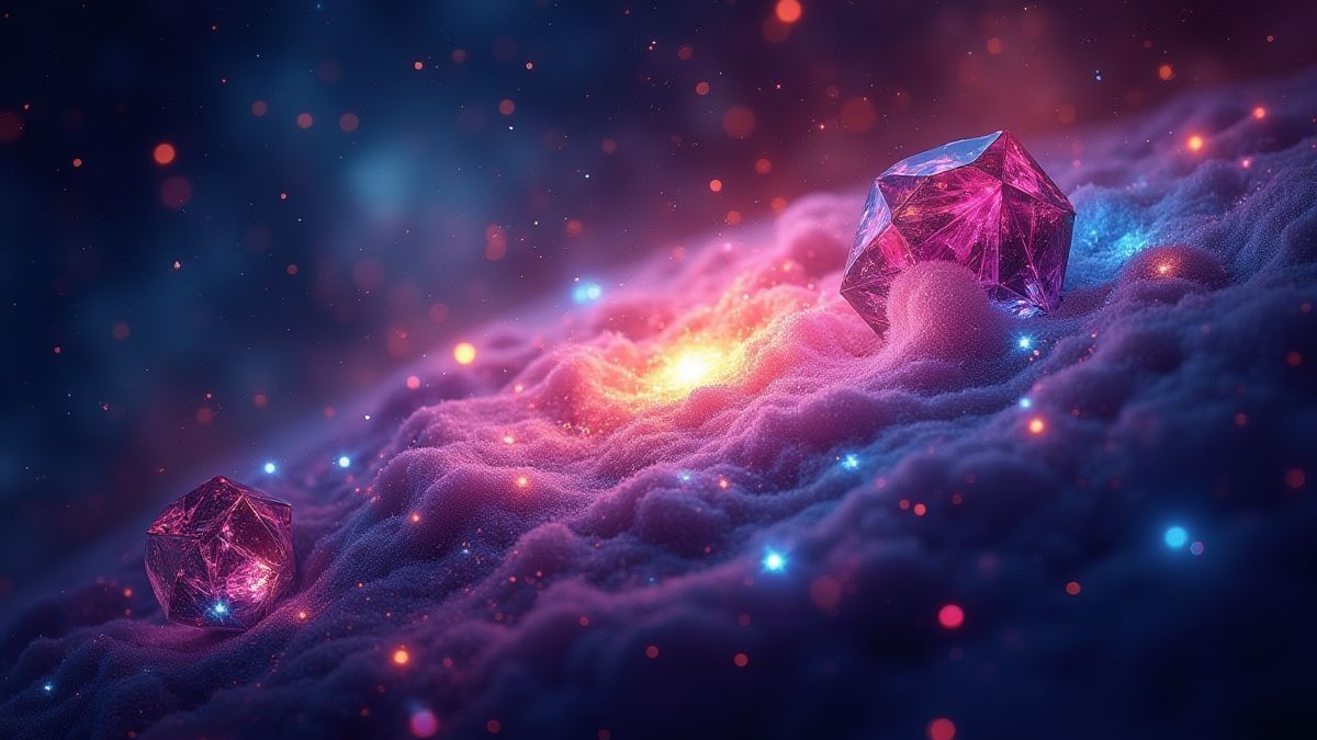 A cosmic galaxy with bright stars and colorful gems.