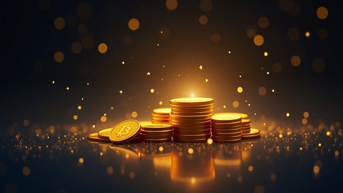 Stapeltje gouden munten op een sterrenachtergrond.