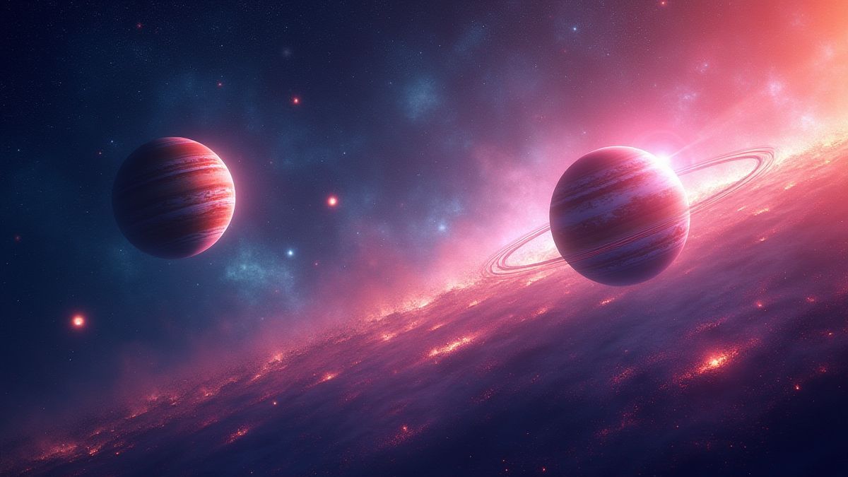 Een scène van een stralend sterrenstelsel met kleurrijke planeten en sterren.