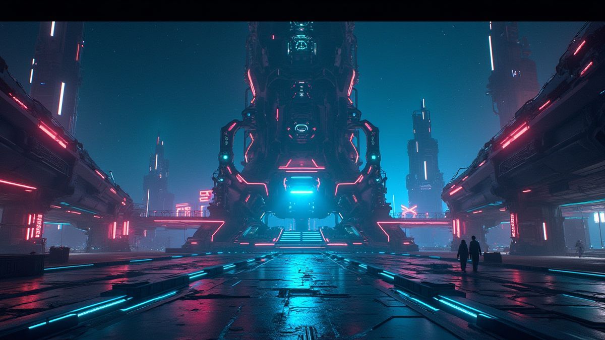 Een futuristisch ruimte station verlicht door neonschijn.