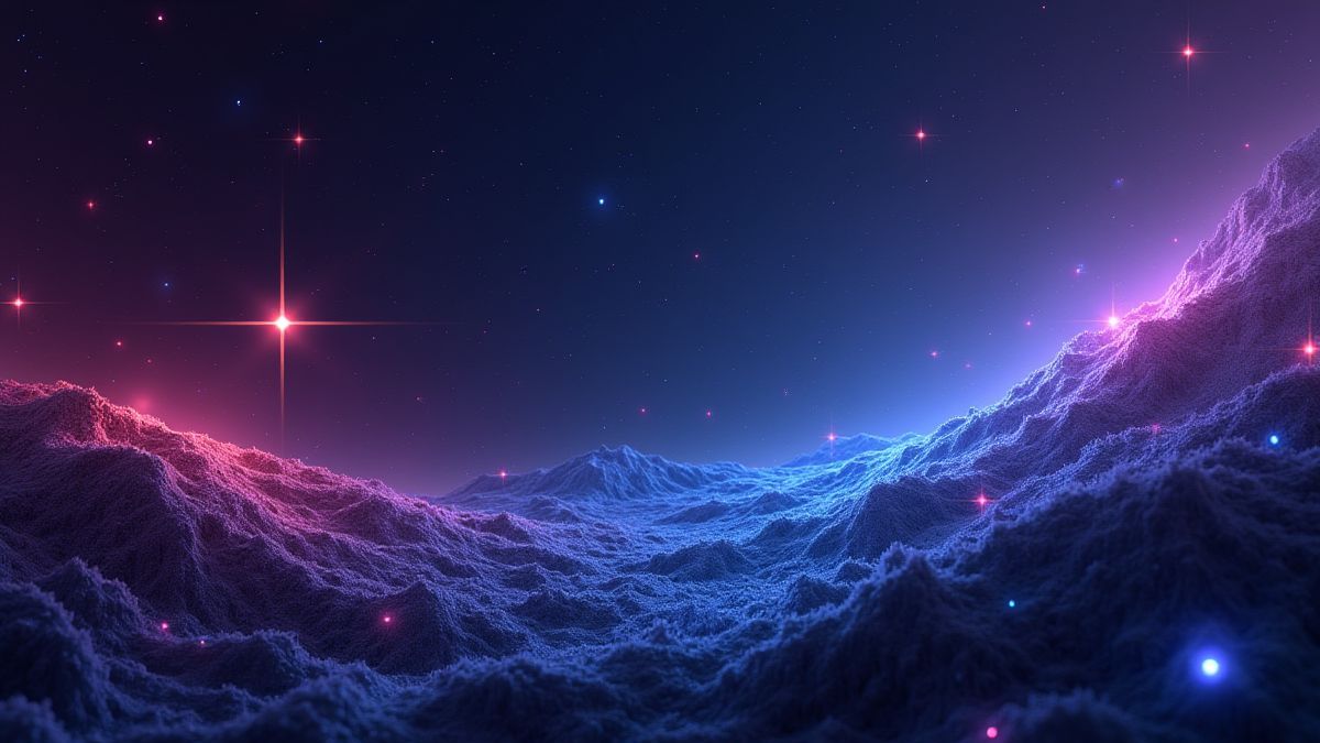 Fundo espacial futurista com estrelas brilhantes e acentos néon.